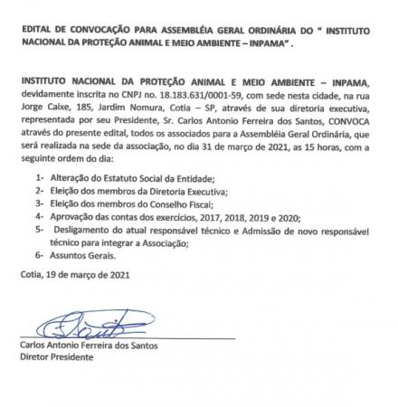Edital de convocação para assembleia geral ordinária do Instituto Nacional da Proteção Animal e Meio Ambiente - INPAMA